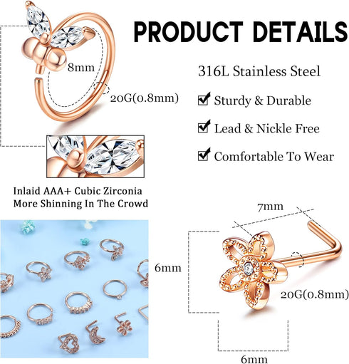 ORAZIO 16Pcs Nose Rings For Women Surgical Steel Nose Studs Hoops 20G Nose Hoop Corkscrew L Shaped Nose Stud Gold Silver Nose Ring Nose Piercing J...