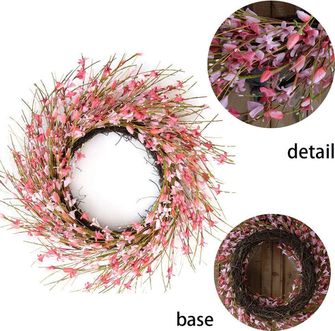 Bibelot 18inch Artificial Forsythia Flower Wreath, All Year Around Wreath for Front Door, Wedding Window Home Wall Indoor Front Door Decor (Pink, ...