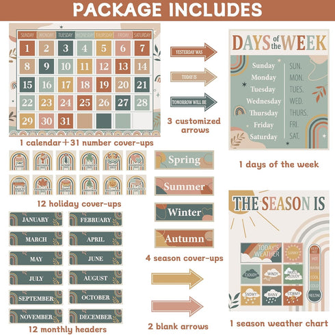 Modern Boho Calendar Bulletin Board Set for Classroom Decoration Rainbow Calendar Seasons Weather Chart Boho CTP Bulletin Board Paper-Cuts for Tea...