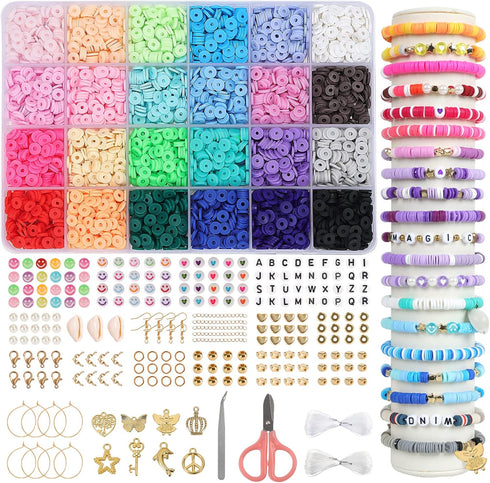 QUEFE 4500pcs Clay Heishi Beads for Bracelet Making, 24 Colors Flat Round Polymer Clay Beads 6mm Spacer Beads with Pendant Charms Kit for Jewelry ...