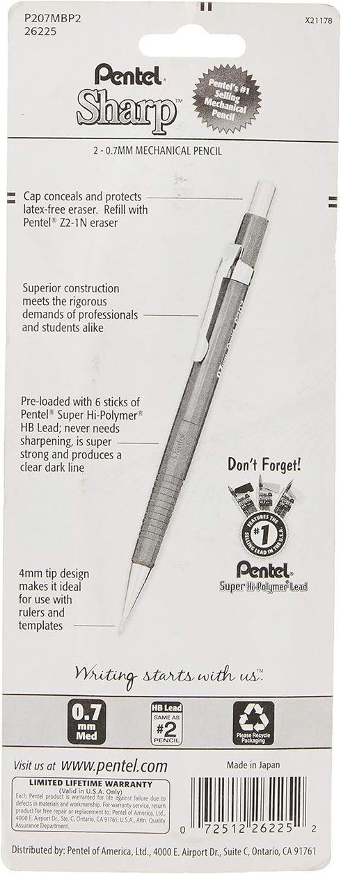 Pentel Sharp Mechanical Pencil (0.7mm) Metallic Barrels, Assorted Barrel Colors, 2-Pk (P207MBP2)...