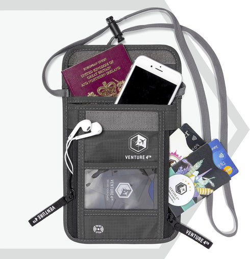VENTURE 4TH Passport Holder Neck Wallet with RFID Blocking Nylon Lining - Hidden Neck Pouch for Travel (Gray)...