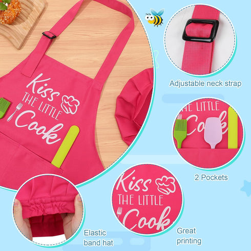 Kids Apron and Chef Hat Set, “Kiss The Little Cook” Apron Adjustable Child Apron Chef Training Funny Apron...