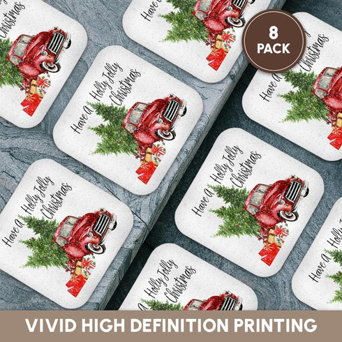 3dRose Have A Holly Jolly Red Truck With Christmas Trees Soft Coasters (Set of 8)...