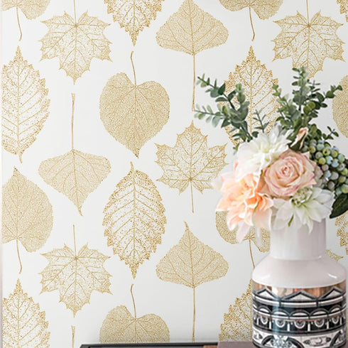 16.1"x118"Peel and Stick Wallpaper Boho White and Gold Wallpaper Leaf Textured Vintage Wallpaper Self Adhesive Wallpaper Removable Wallpaper Vinyl...