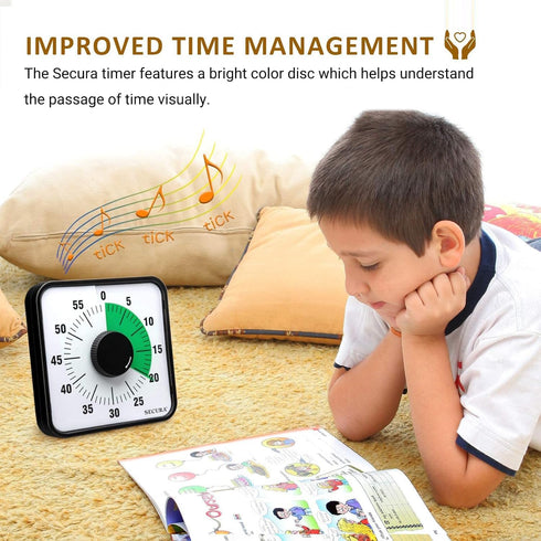 Secura 60-Minute Visual Countdown Timer, 7.5-Inch Oversize Classroom Visual Timer for Kids and Adults, Durable Mechanical Kitchen Timer Clock with...