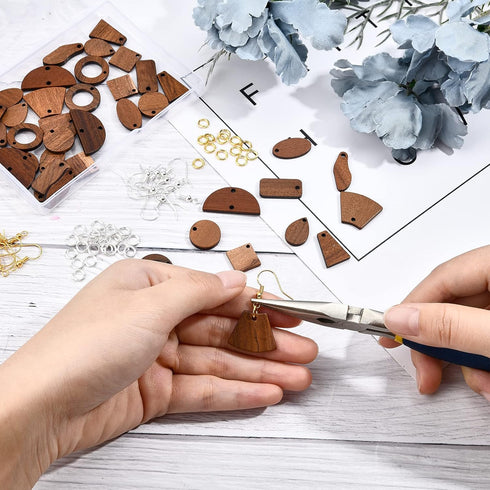 SUPERFINDINGS Wood DIY Earring Making Kit including 40pcs Saddle Brown Walnut Wood Drop Pendants Oblate Teardrop Links Connectors 100pcs Brass Jum...