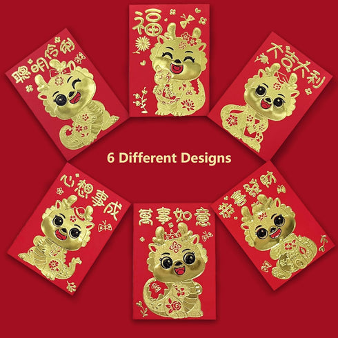 36Pcs Red Envelopes Chinese New Year of The Dragon, Lunar Chinese New Year Red Envelopes 2024, Lucky Money Red Packets Hong Bao with 6 Cute Gold F...