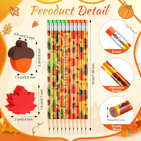 30 Set Fall Themed Pencils Thanksgiving Party Pencils Thanksgiving Wood Pencils and Bulk Mini Maple Leaf Acorn Erasers Mini Erasers for Thanksgivi...