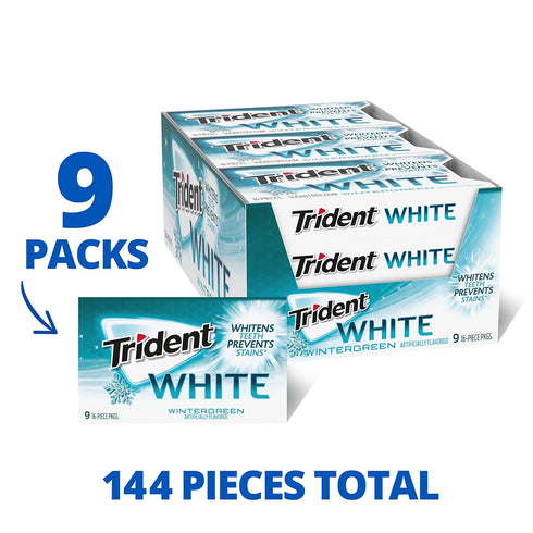 Trident White Wintergreen Sugar-Free Chewing Gum, 9 Packs of 16 Pieces (144 Total Pieces)...