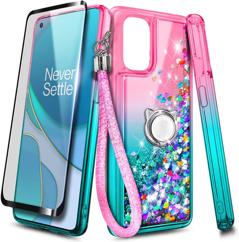 NZND OnePlus Nord N200 5G Case with Tempered Glass Screen Protector (Maximum Coverage), Ring Holder/Wrist Strap, Sparkle Glitter Flowing Liquid Wo...