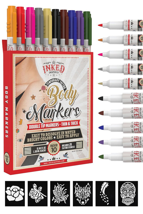 Temporary Tattoo Markers For Skin - Temporary Tattoo Pens With Stencils - Skin and Body Markers - Better Than Henna Tattoo Kit - Dual-Tip Ink Set ...