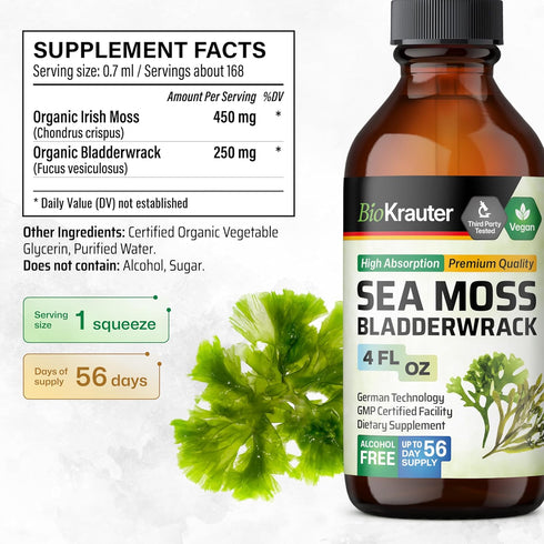 BIO KRAUTER Irish Sea Moss Drops - Seamoss Supplement with Bladderwrack - Vegan Immune Support Supplement - Chondrus Crispus Irish Moss & Bladderw...