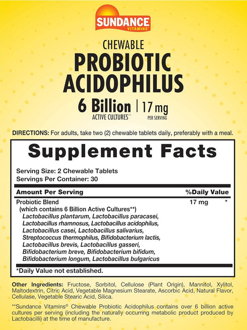 Sundance Probiotic Aciophilus 17mg | 6 Billion Active Cultures | 60 Chewable Tablets | Berry Flavor | Vegetarian, Non-GMO, and Gluten Free Supplem...