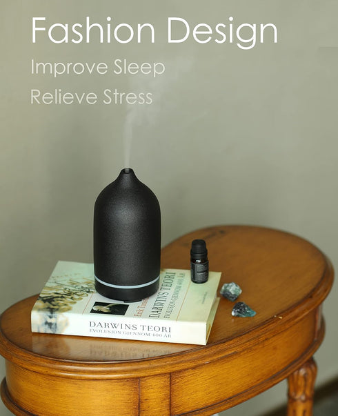 Essential Oil Diffuser,Handcrafted Ceramic Diffuser for Home,Ultrasonic Cool Mist Air Diffuser, 9 Colors Night Light with Timer (Black)...