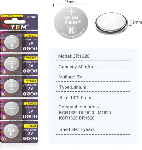 5PCS CR1620 DL1620 BR1620 80mAh Long Lasting 1620 3V Lithium Battery for Car Key Fob Watch Keyless Remote Scale...