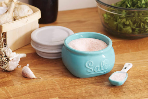 Fox Run Vintage Style Mason Jar Salt Cellar, Blue Ceramic with White Lid, 1 Cup Capacity...