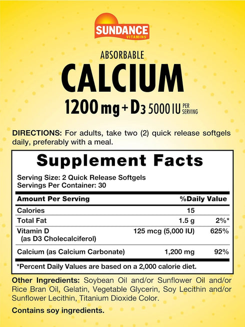 Calcium 1200mg with Vitamin D3 | 60 Absorbable Softgels | Non-GMO and Gluten Free Supplement | by Sundance...