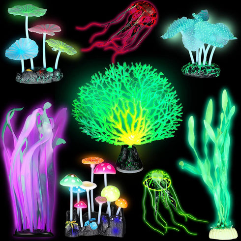 Frienda 8 Pieces Glowing Fish Tank Decorations Plants with 2 Style Glowing Kelp, Sea Anemone, Simulation Coral, Jellyfish, Lotus Leaf, Mushroom fo...
