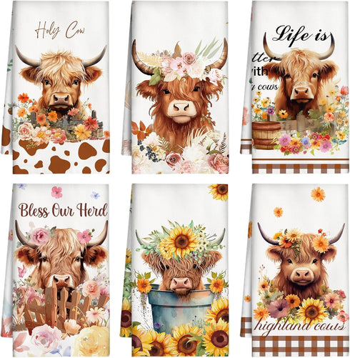 Absorbent Dish Kitchen Towels - 6pcs Highland Cow Sunflower Summer Yellow Cleaning Drying Dishes Towel Soft Farmhouse Decor Funny Gifts for Women ...