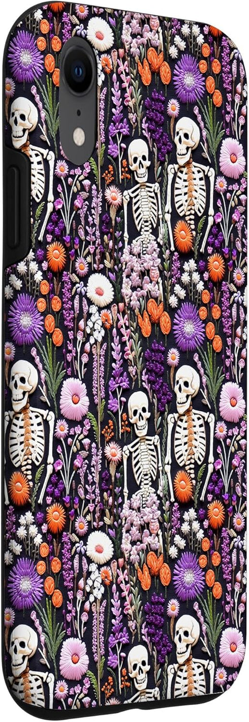 iPhone XR Fall Forest flower 3D Cute Skeleton Embroidery Pink Floral Case...