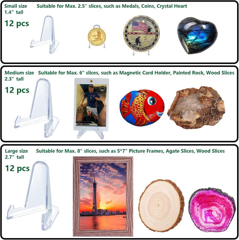 Acrylic Easels Display Stand Coins stand, 36 PCS (3 Sizes each 12) Sports Card Display Stand Baseball Card Stands for Display Photos, Coins, Cards...