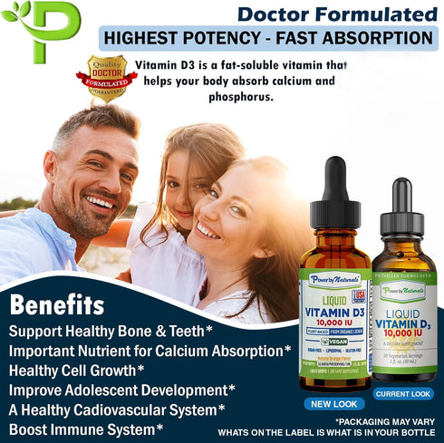 Power By Naturals Vitamin D3 Liquid Drops 10000 IU - High-Potency Vitamin D3 for Adult Bone Strength & Immune Support - Gluten-Free, Non-GMO, Suga...