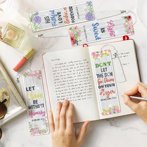 8 Pieces Christian Bible Verse Diamond Art Bookmarks 5d Diamond Art Bookmark Christian Beaded Bookmark Acrylic Tassel Bookmark for DIY Making Begi...