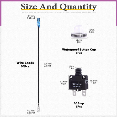 Swpeet 20Pcs 30Amp Thermal Circuit Breaker with 19cm 6.3mm Female Spade Terminals Wire Leads and Waterproof Button Caps Kit, Waterproof Push Butto...