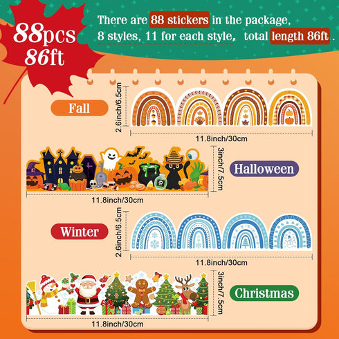 88 Pcs Seasonal Bulletin Board Borders Stickers Fall Halloween Christmas Winter Bulletin Board Trim Border Decor 86ft Seasonal Border Stickers for...