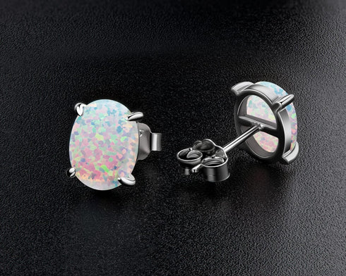 Sterling Silver Opal Stud Earrings for Women, Hypoallergenic Oval Cut Birthstone Birthday Gift Fine Jewelry for Her Mothers Day...