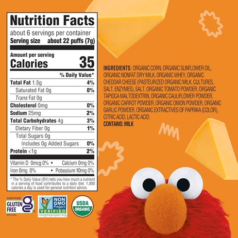 Earth's Best Organic Veggie Puffs for Toddlers 2 Years Old and Up, Cheddar Flavor, 1.55 Ounce Bag (Pack of 4)...