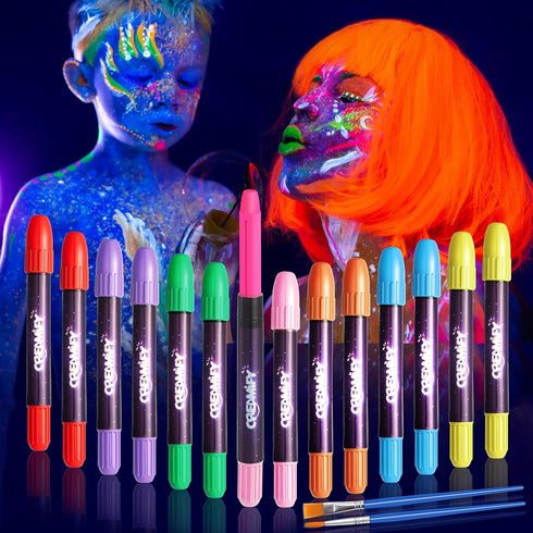 14 Pcs Glow in the Dark Face Paint, Creamify Black Light Neon Face & Body Paint, Halloween Masquerade Makeup Sticks, Fluorescent Crayons Kit for K...