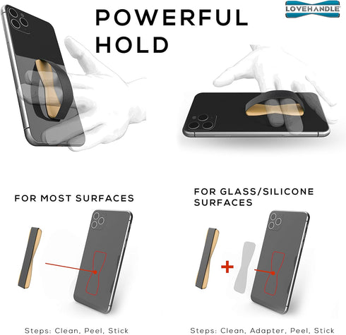 LOVEHANDLE Universal Phone Grip for Most Smartphones, Mini Tablets and Cases, Gold Colored Base with Black Strap, LH-01Gold...