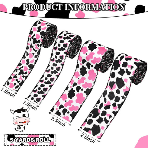 4 Rolls 20 Yards Pink Cow Print Wired Edge Ribbons Black White Pink Cow Spot Pattern Ribbons Cow Print Ornaments Fabric Ribbons Animal Print Ribbo...