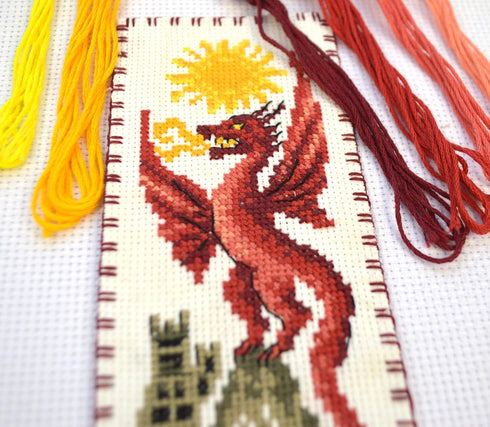 Povitrulya Counted Cross Stitch Kit 'Sun Dragon' - DIY Embroidery Book Marker Set for Adults with Paper Pattern, 16 Count Aida Canvas and Presorte...