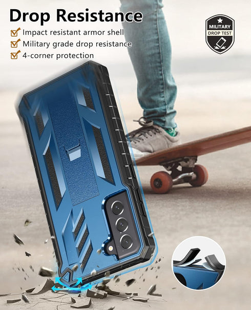 for Samsung Galaxy S21-FE Phone Case: Dual-Layer Military Grade Drop Proof Full Protection Cover with Kickstand | Durable Rugged Shockproof TPU Ma...