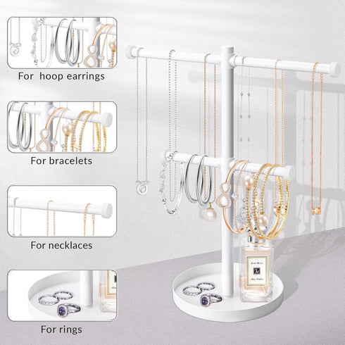 Necklace Holder Organizer Stand,2-Tier Sturdy Metal Jewelry Stand with Round Tray for Bracelet Bangles Holder Display,12.9" Tall for Long Necklace...