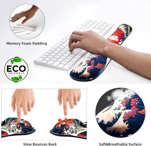 Ergonomic Japanese Sea Waves Small Mouse Pad with Wrist Rest and Keyboard Wrist Rest Set,Easy Typing & Pain Relief,Gaming Mousepad with Wrist Supp...
