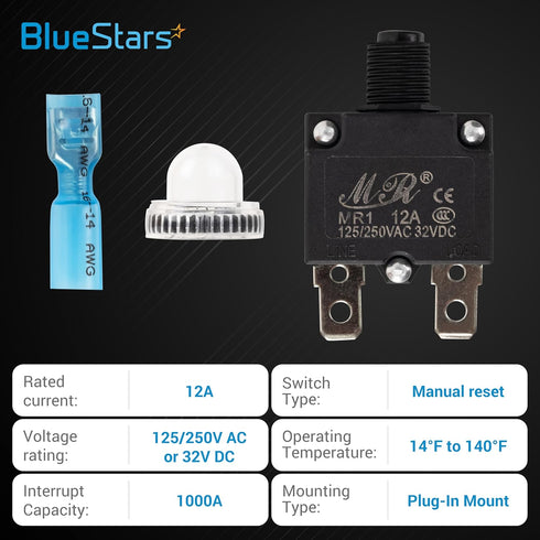 BlueStars 5 Packs 12Amp Thermal Circuit Breaker 125/250V AC 32V DC - Overload Protector with Push Button Manual Reset, Quick Connect Terminals, Wa...