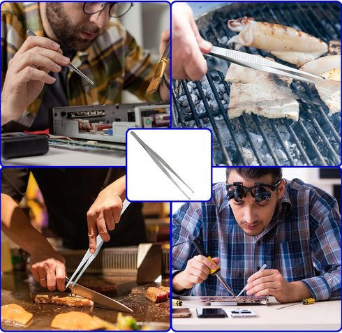 3Pcs Stainless Steel Tweezer Set (8" 10" 12"), Long Tweezers with Precision Serrated Straight Tips, Non-slip Multitool Tweezer for Cooking, Repair...