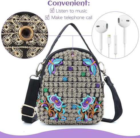 Embroidery Canvas Shoulder Bag Women Vintage Boho Mini Crossbody Bag Handbag Cell Phone Pouch...