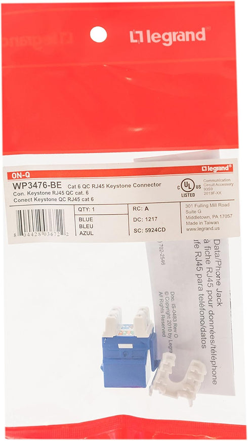 Legrand - OnQ RJ45 Keystone Insert, Cat 6 Keystone Jack, Terminate with Punch and Go Tool or Any 110 Punchdown Tool, Blue, 1 Count, WP3476BE...
