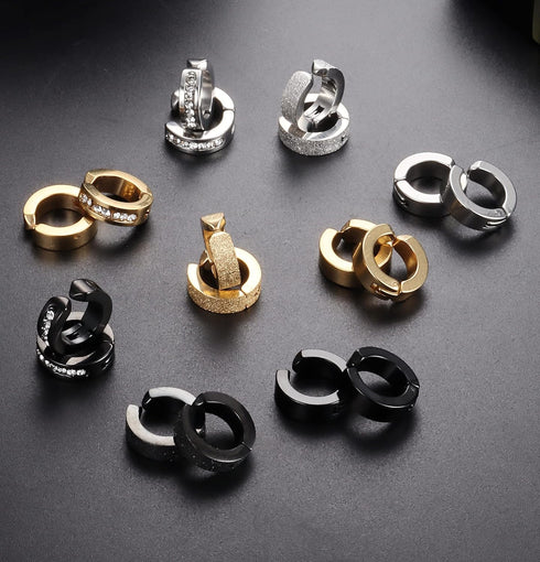 FIBO STEEL 9 Pairs Non-Piercing Earrings Stainless Steel Clip On Hoop Earrings For Men Women Paved CZ Ear Clip...