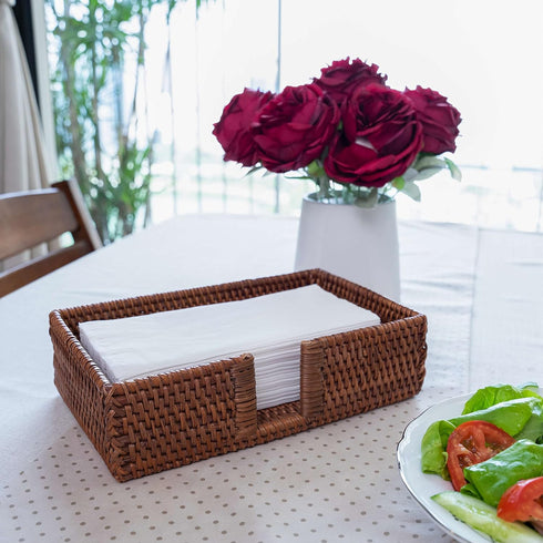 Rattan Guest Towel Holder For Bathroom Towel Caddy Rectangular Napkin Tray Wicker Toilet Tank Basket Dark Brown 9.4 x 5.9 x 2.4 inches Tissue Pape...