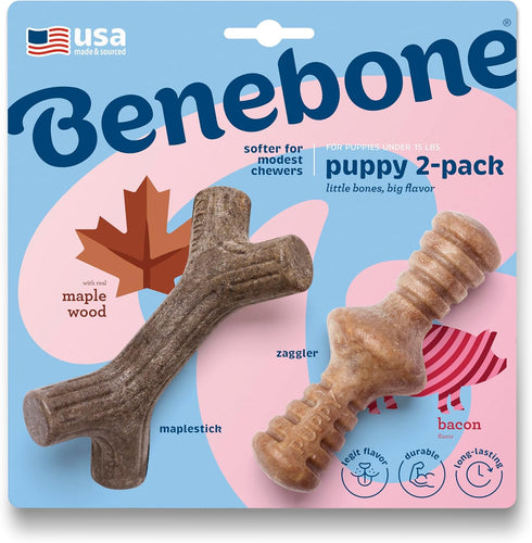Benebone Puppy 2-Pack Maplestick/Zaggler Durable Dog Chew Toys for Gentle Chewers, Real Bacon, Real Maplewood, Made in USA, Tiny...