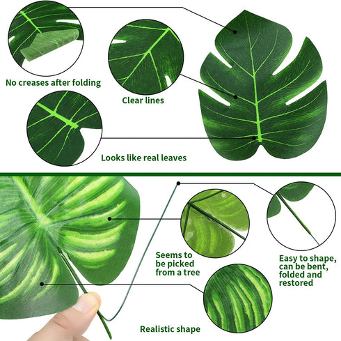 74 Pcs 7 Kinds Artificial Palm Leaves Tropical Fake Leaves, Monstera Leaf for Safari Jungle Hawaiian Dinosaur Luau Party Table Decoration Wedding ...