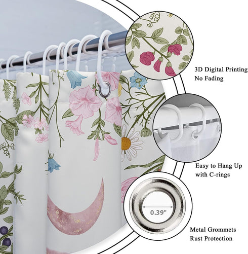 Riyidecor Witchy Moon Phase Shower Curtain for Bathroom Decor 72Wx72H Floral Pink Rustic Wildflower Plant Leaves Botanical Herbs Nature Art Printe...