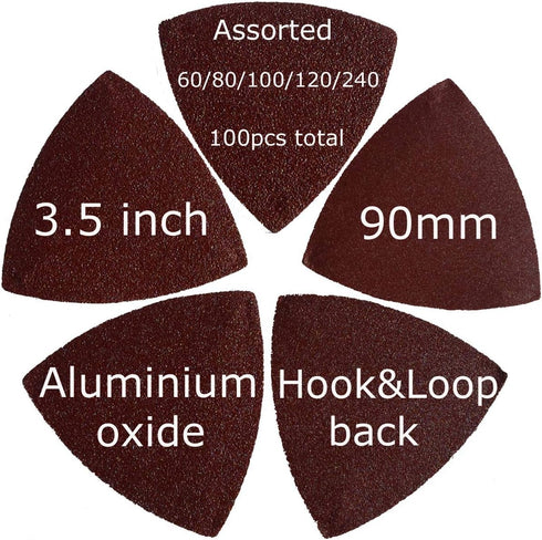 100 Pcs 3-1/2 Inch 90mm Triangular 60/80 /100/120 /240 Grits Hook & Loop Multitool Sandpaper for Wood Sanding Contains 20 of Each Fit 3.5 Inch Osc...