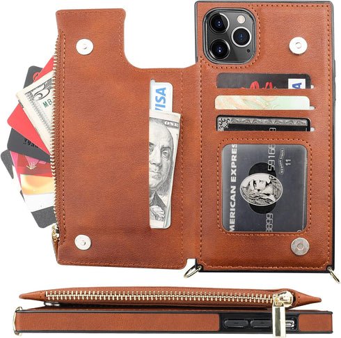 Bocasal Crossbody Wallet Case for iPhone 11 Pro Max with Card Holder,Zipper Card Slot Protector Shockproof Purse Cover with Removable Cross Body S...